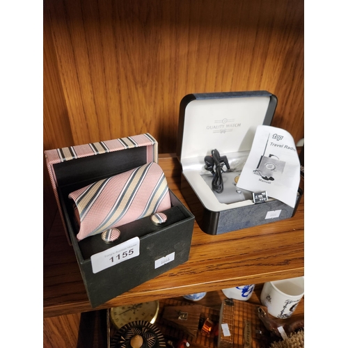 1155 - Brand new boxed tie and cufflinks together with a boxed Top travel radio