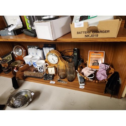 1158 - Joblot of interesting items including brand new men's hankies, a wooden mantle clock, vintage car a ... 