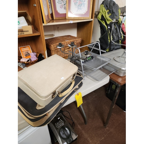 1160 - Large job lot including 2 small vintage suitcases, 2 metal candelabra and a grey wire desk paper tra... 