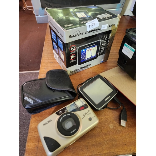 1179 - Mixed electronics selection including Binatone Carrera satnav system, Tomtom satnav and Halina 35mm ... 