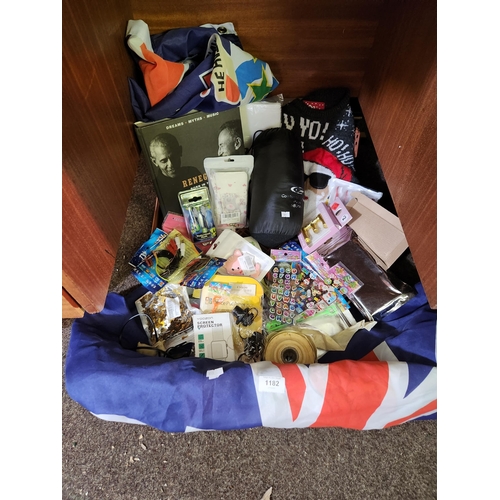 1182 - Large mixed bundle of assorted new stationary items, a British flag, Bruce Springsteen book Renegade... 