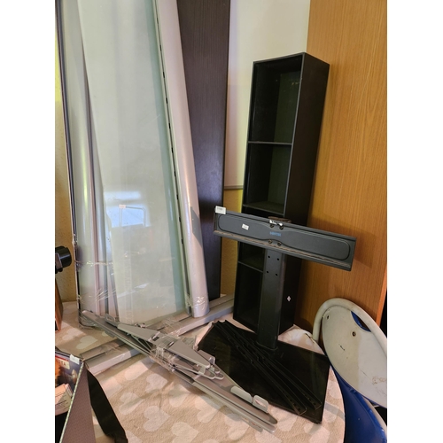 1189 - A disassembled frosted glass and brushed aluminium display unit  together with a CD rack and Bontec ... 