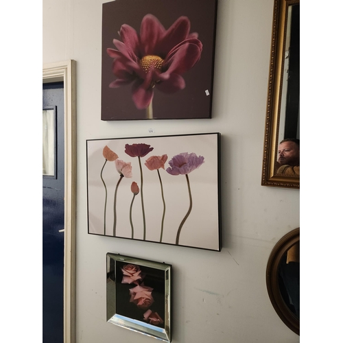 1279 - An unusual selection of wall art, a box framed print of poppies, a print of roses in a mirrored fram... 