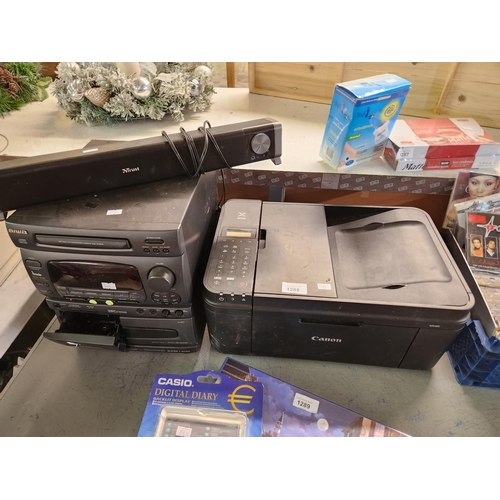 1288 - Canon Pixma MX495 A4 printer together with a Trust soundbar and an Aiwa mini hifi system with twin t... 