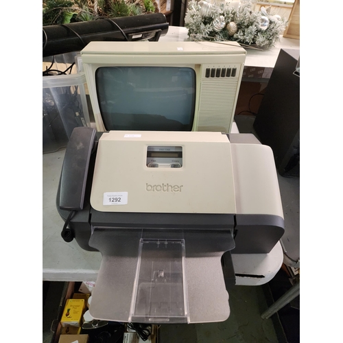 1292 - Retro Brother Fax, copier, phone and answerphone machine together with a small portable tv with aeri... 