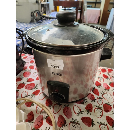 1327 - Compact hinari slow cooker with full instructions together with an electric sandwich press