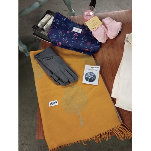 1321A - BRAND NEW BEAUTIFUL MUSTARD AND GREY SCARF,  GREY SUEDE GLOVES, BROOCH, JOULES MAKEUP BAG AND OTHER ... 