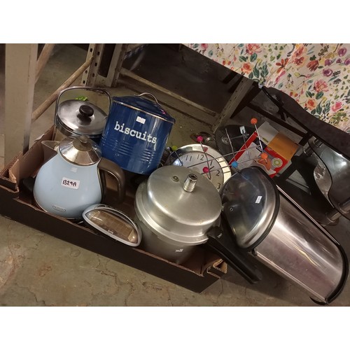 1329A - COLLECTION OF ITEMS INCLUDING PRESSURE COOKER, DeLONGHI BLUE KETTLE, BISCUIT BARREL, KITCHEN CLOCK A... 