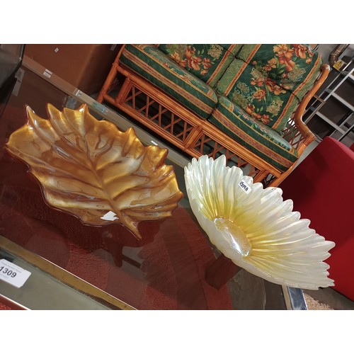 1309A - BEAUTIFUL IRIDESCENT FLOWER GLASS BOWL AND COPPER COLOURED GLASS LEAF PLATE.