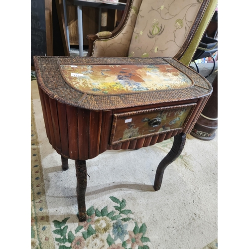 144 - Unusual Asian inspired bamboo and rattan side table with drawer