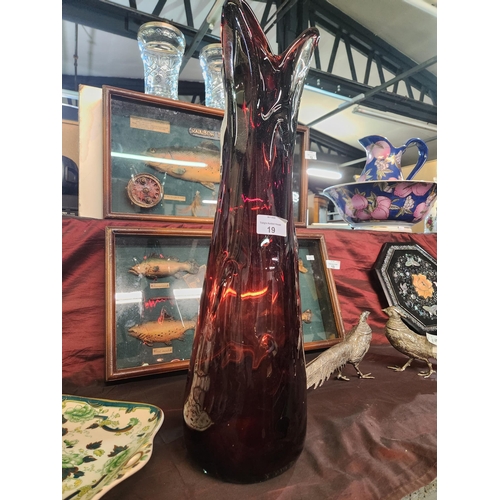 19 - Gorgeous tall cranberry coloured glass vase standing about 50cm tall