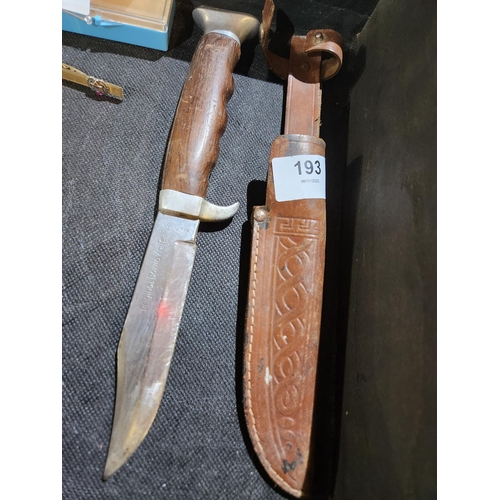 193 - Lovely wooden handled dagger in sheath marked 'The original Bowie'