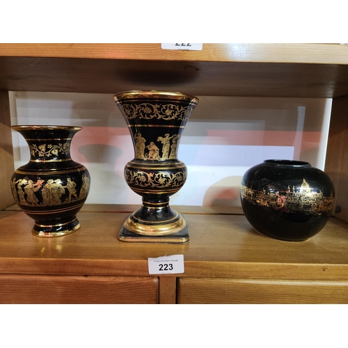 223 - 2 Black and 24K gold decorated urn vases from Corfu with an Ancient Greek theme together with a Shor... 