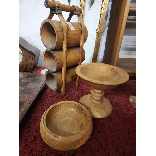 238 - Really unusual bamboo wine rack together with 2 turned wood bowls