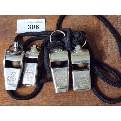 306 - Vintage Acme Thunderer whistles and one Mitre whistle