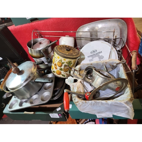 33 - Large job lot of kitchenalia including vintage meat grinder, assorted pots and pans and a vintage bi... 