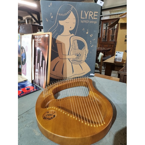 56 - Beautiful Zani 16/19/21 strings Lyre in box with polished wood corner