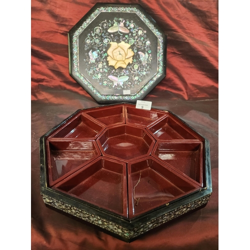 9 - Beautiful mother of pearl inlaid lidded tray with 9 inner removable compartments