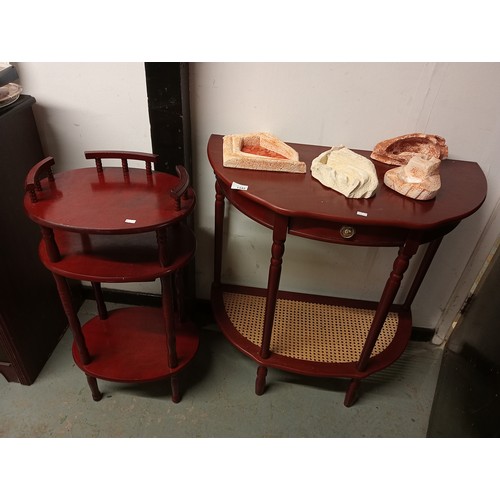 1345 - HALF MOON CONSOLE TABLE AND OCCASIONAL TABLE IN A MAHOGANY COLOUR PLUS UNUSUAL STONE SCULPTURES.