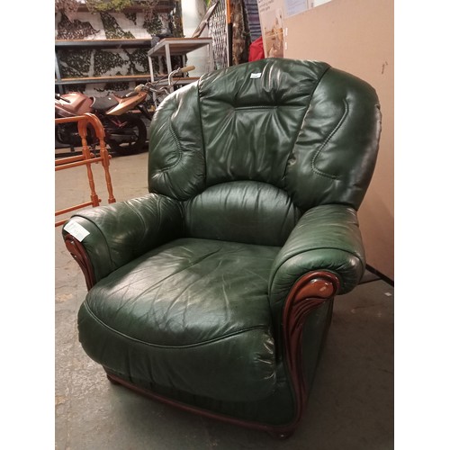 1349 - QUALITY AND VERY COMFY GREEN LEATHER ARM CHAIR WITH BEAUTIFUL WOODEN SCROLL DETAIL.