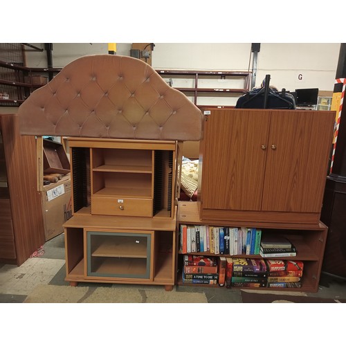 1356 - COLLECTION OF FURNITURE INCLUDING MEDIA UNITS, BOOKCASE, HEADBOARD AND CUPBOARD.