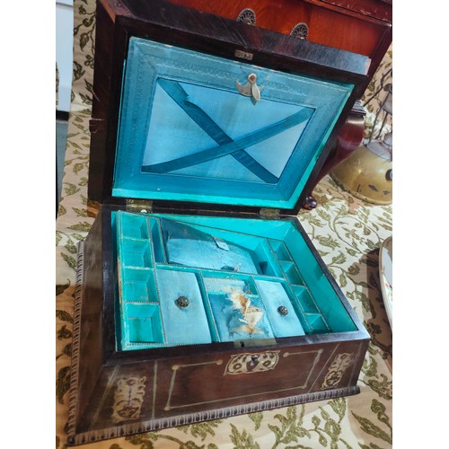 180 - A gorgeous antique jewellery box with mother of pearl inlaid detail. It is lined in turquoise silk a... 