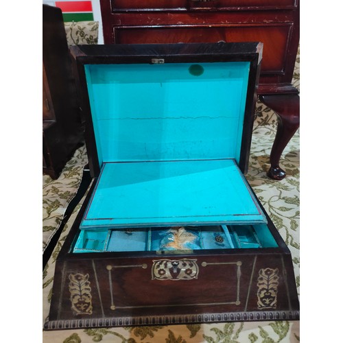 180 - A gorgeous antique jewellery box with mother of pearl inlaid detail. It is lined in turquoise silk a... 