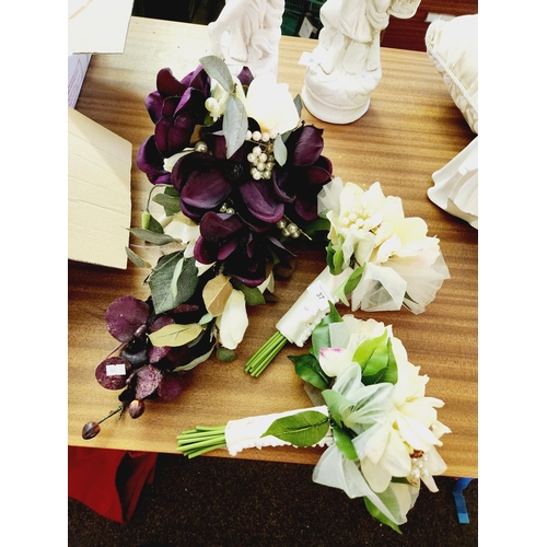 37 - BEAUTIFUL BRIDAL AND BRIDESMAIDS BOUQUETS IN AUBERGINE AND CREAM FLOWERS AND PEARLS.