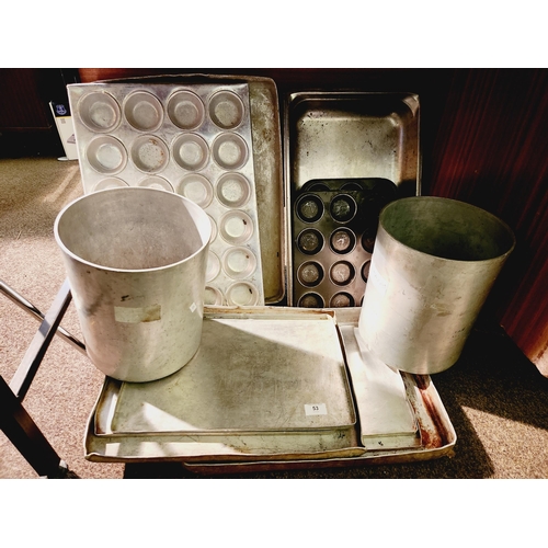 53 - VERY LARGE COLLECTION OF CATERING QUALITY EQUIPMENT INCLUDING TRAYS AND COOKING POTS.