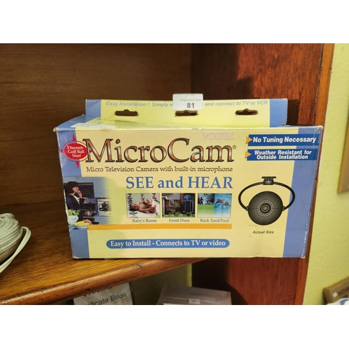 81 - NEW IN BOX.
MICROCAM, MICRO TELEVISION CAMERA WITH BUILT IN MICROPHONE.