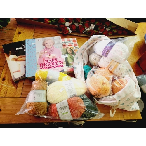 46 - BRAND NEW BAGS OF DIFFERENT WOOL PLUS 3 COOKING RECIPE BOOKS.