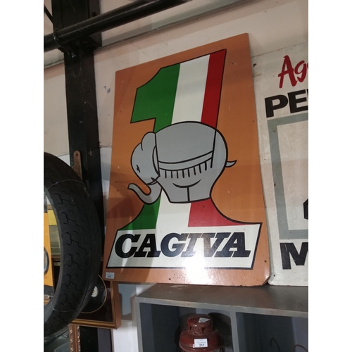 219 - Cagiva motorcycle sign on hardboard, fabulous man cave item