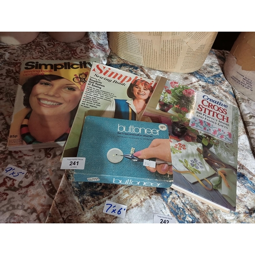 241 - Fabulous Ronco boxed Buttoneer together with 2 vintage Simplicity sewing books and a Creative Cross ... 