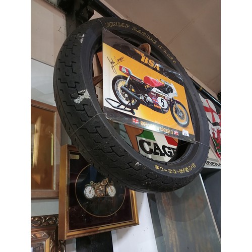 218 - Fabulous motorcycle memorabilia of a BSA signed metal plaque on a Dunlop Racing tyre plus hand made ... 