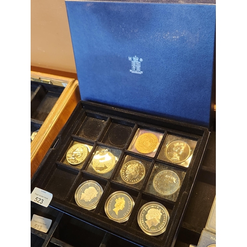 523 - Boxed collection of Royal mint coins including 3 x FIVE POUND COINS and 6 commerative crowns