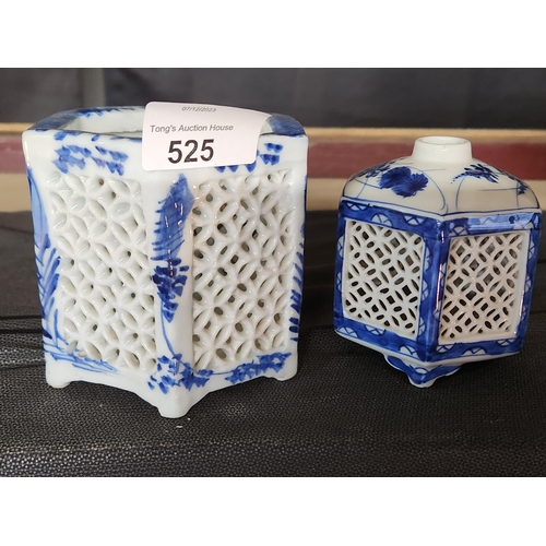 525 - Chinese hexagonal blue and white taper candle holders