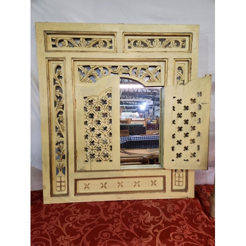 826 - Stunning framed wall hanging mirror with heavily carved doors