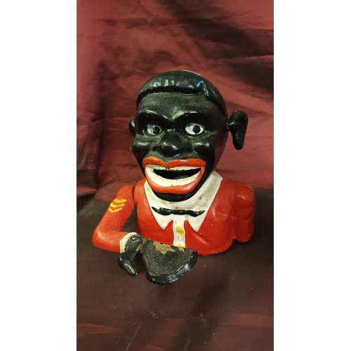 5 - Quirky Jolly Man cast iron vintage metal money box with moveable parts