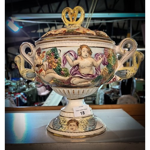 18 - Gorgeously ornate Italian Capodimonte 2 handled centre piece with lid