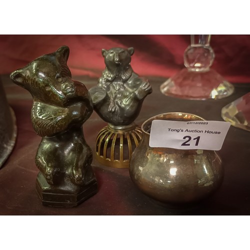 21 - Gorgeous Mappin & Webb glass lined inkwell together with 2 metal bear figurines