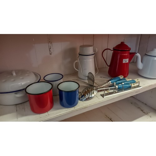 28 - Nice selection of retro enamelled mugs, teapots, lidded casserole and more