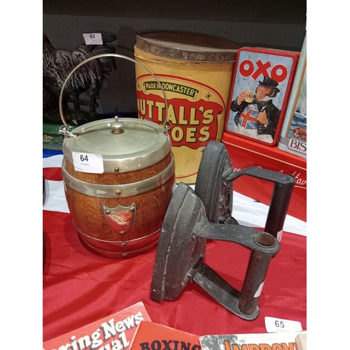 64 - Vintage wooden barrel ice bucket plus 2 vintage irons.