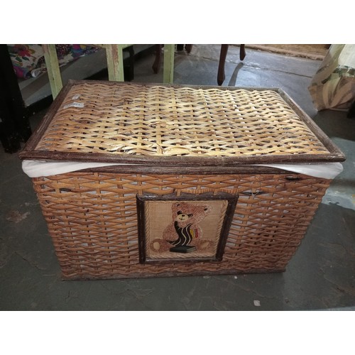 238A - Cute  lidded wicker basket with fabric lining and a nice picture of a teddy on the front