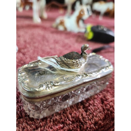 88 - Silver topped glass box with swan pin cushion, Birmingham 1908