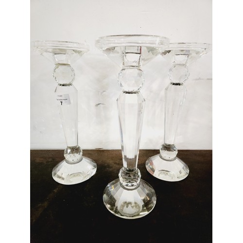 7 - 3 beautiful tall cut glass heavy candle holders. Approx 28 cm height.