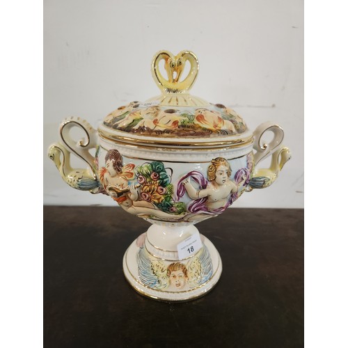 18 - Gorgeously ornate Italian Capodimonte 2 handled centre piece with lid