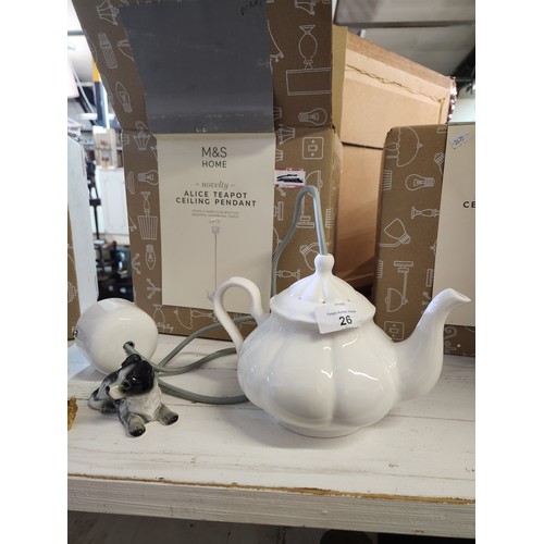 26 - 3 boxed Alice teapot ceramic pendant light fittings