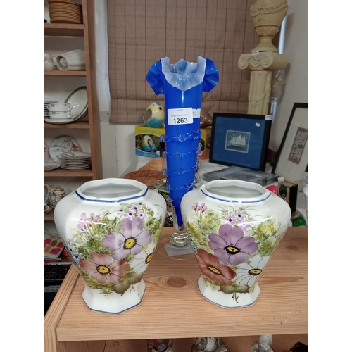 1263 - Hand blown striking blue vase and 2 painted flower vases.