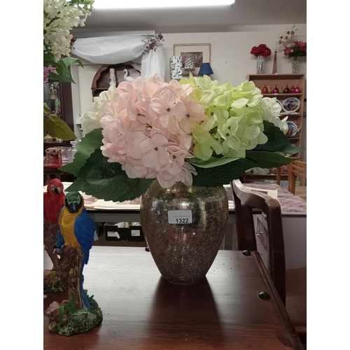 1322 - Beautiful floral display in crackled glaze glass vase.