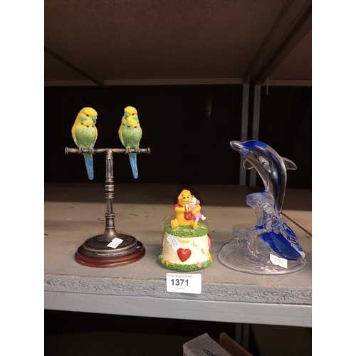 1371 - Beautiful budgie ornament plus glass dolphin ornament and Winnie the Pooh ornament.